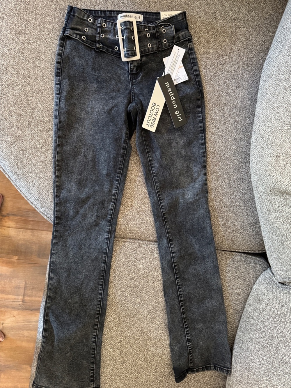 Madden Girl Black Washed Bootcut Jeans with Grommet Belt